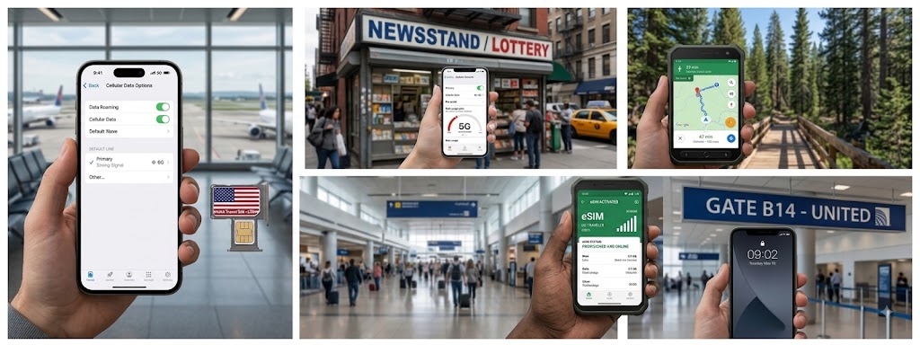 SIM-Karte und eSIM für die USA (illustrative KI-Grafik)