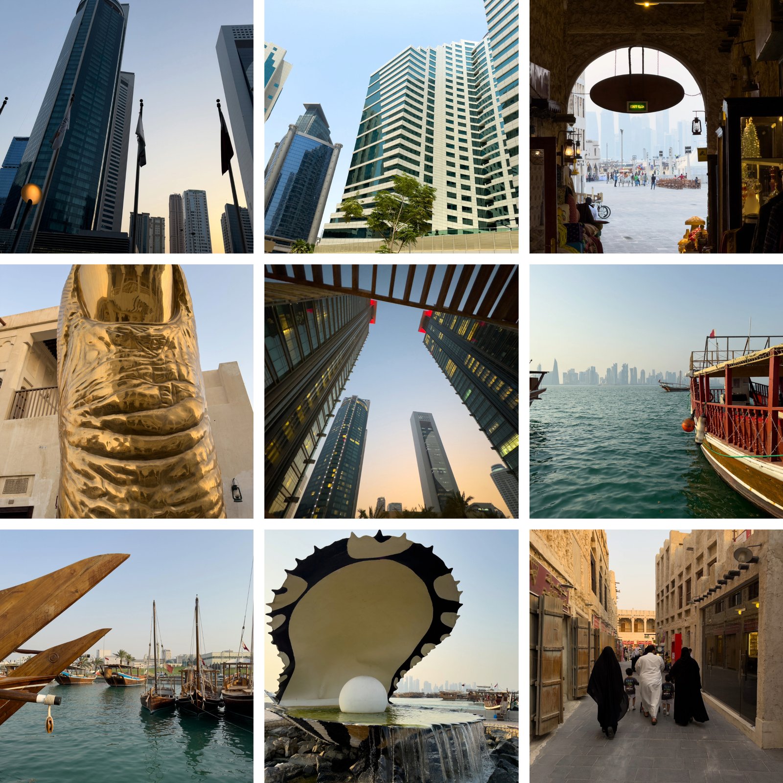 Collage des Zwischenstopps in Doha: Hochhäuser in West Bay, Blick aus dem Souq Waqif auf die Skyline, Golden Thumb, Dhaus an der Corniche, Pearl Monument und Gasse im Souq Waqif