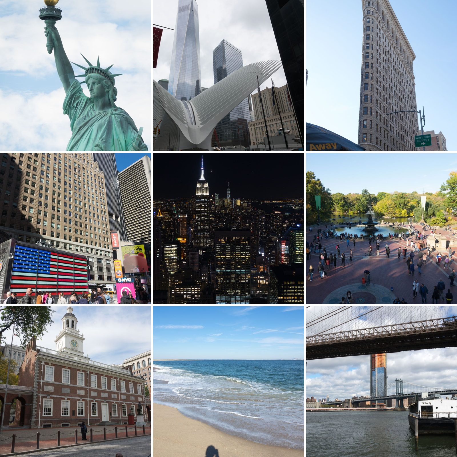 Collage der New-York-Reise: Freiheitsstatue, Oculus und One World Trade Center, Flatiron Building, Times Square, Blick vom Top of the Rock bei Nacht, Bethesda Terrace im Central Park, Independence Hall in Philadelphia, Strand von Sandy Hook und Brooklyn Bridge