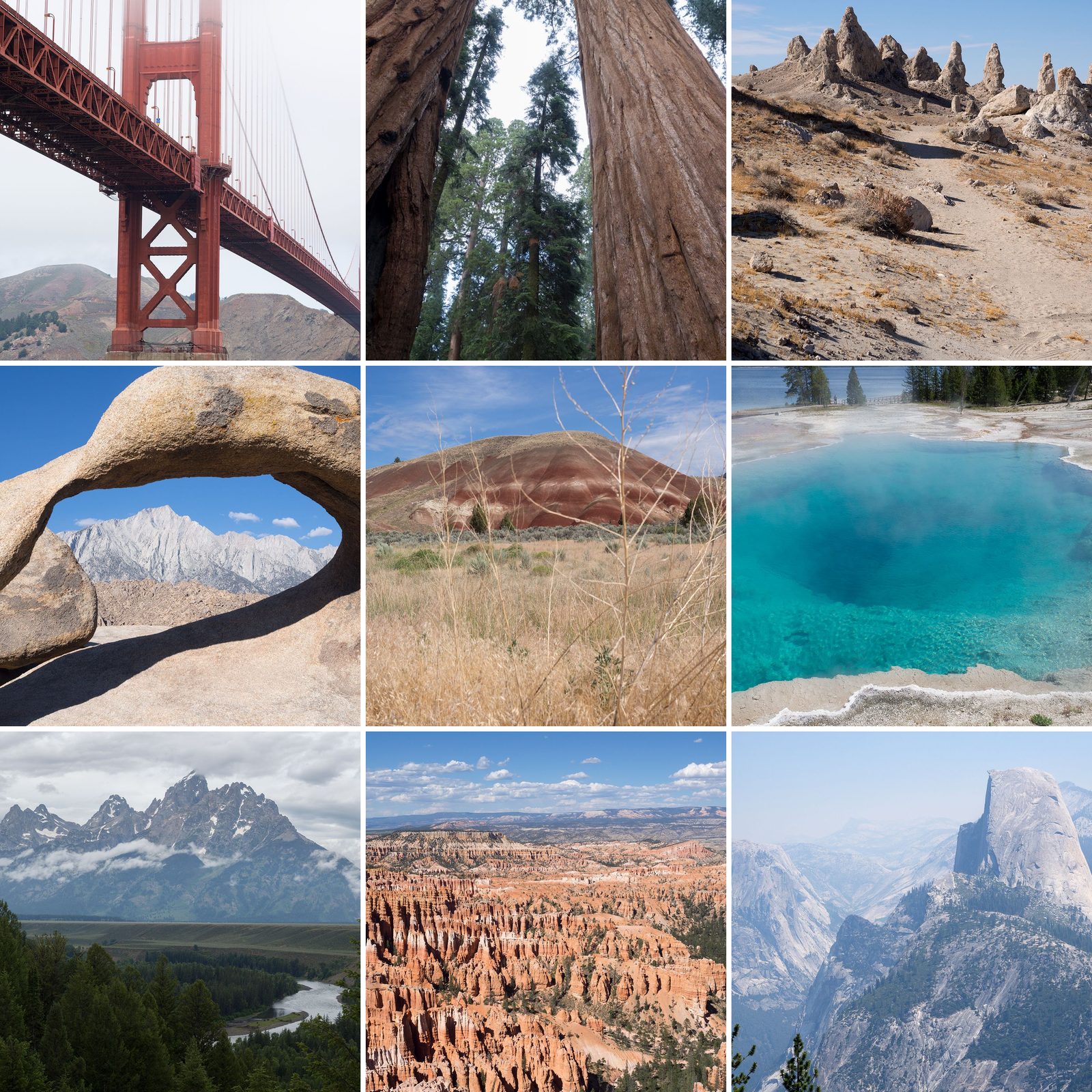 Collage der Reise durch den USA-Westen: Golden Gate Bridge, Mammutbäume im Sequoia National Park, Trona Pinnacles, Mobius Arch in den Alabama Hills, Painted Hills, Black Pool im Yellowstone, Grand Teton, Bryce Canyon und Half Dome