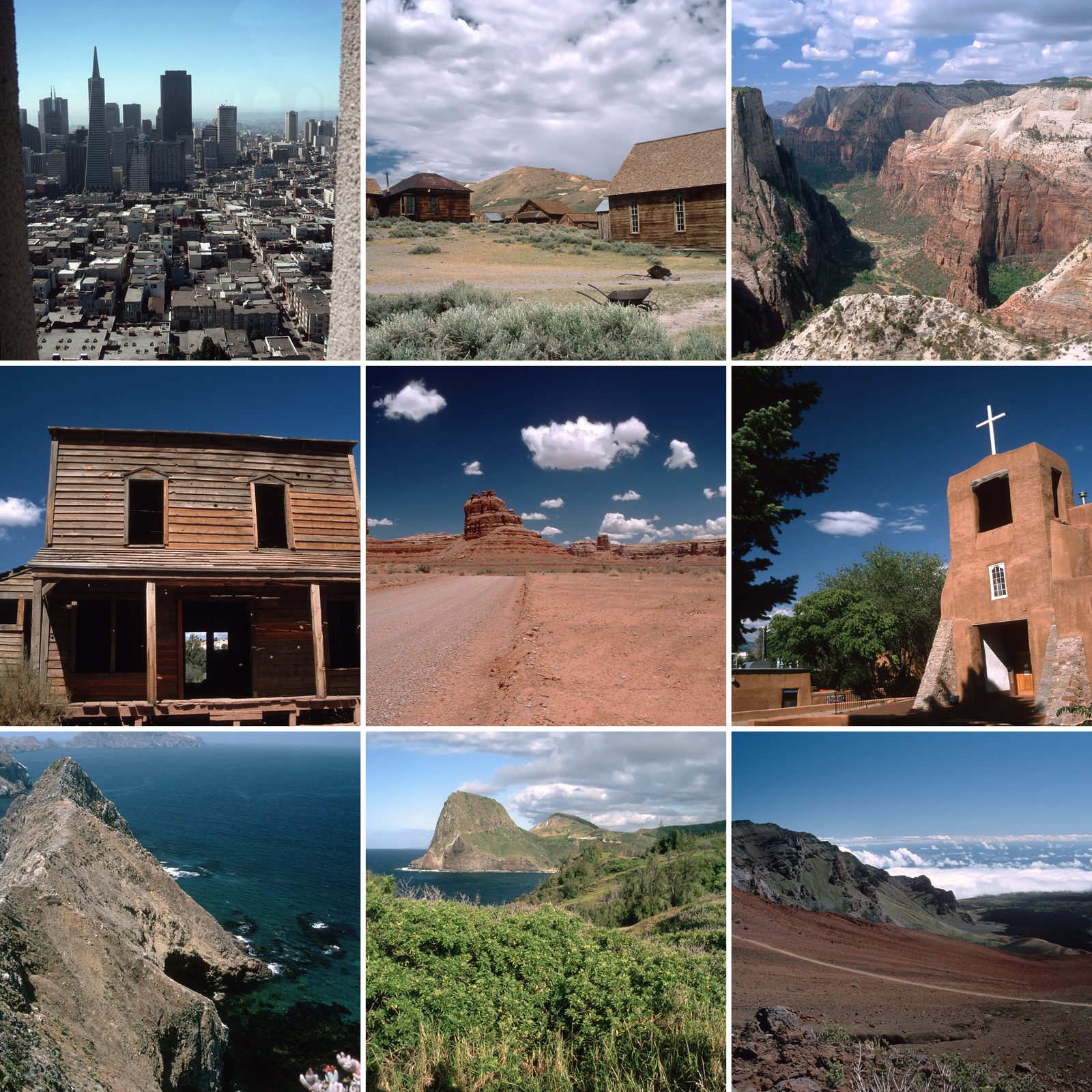 Collage der Reise 1996: San Francisco vom Coit Tower, Bodie, Zion National Park, Paria Movie Set, Valley of the Gods, Adobe-Kirche in New Mexico, Anacapa Island, Kahakuloa Head und der Haleakala-Krater auf Maui