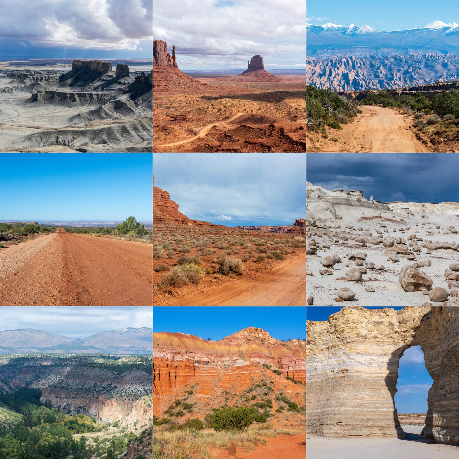 Collage der Colorful Tour: graue Badlands, Monument Valley, Pisten vor den verschneiten La Sal Mountains, rote Schotterstraßen, Bisti Badlands unter Gewitterwolken, Canyon mit Bergen im Hintergrund, Palo Duro Canyon und Felsbogen der Monument Rocks in Kansas