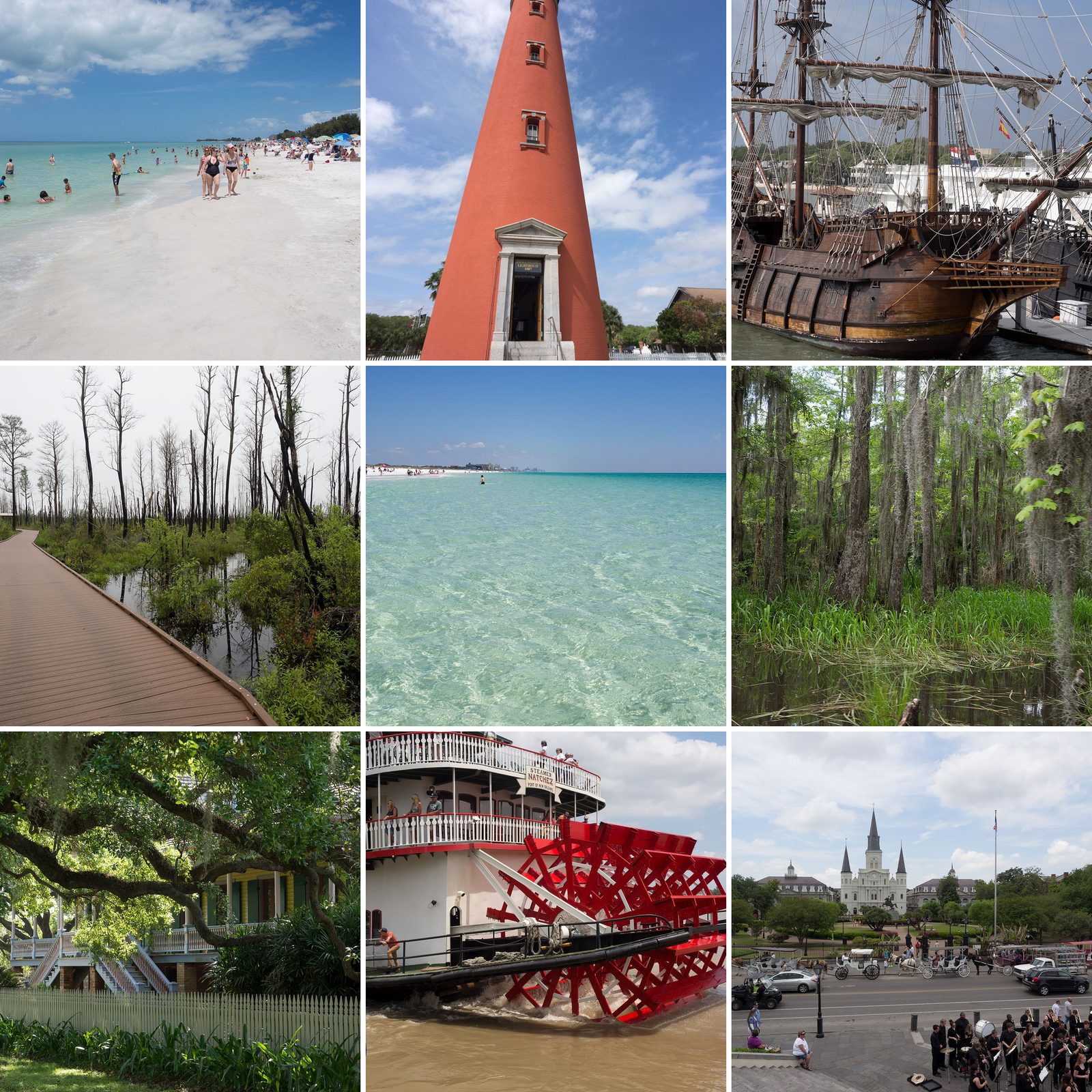 Collage der Reise durch den Süden der USA: Strand auf Anna Maria Island, Ponce de Leon Inlet Lighthouse, Galeone in St. Augustine, Okefenokee Swamp, Golfküste am Florida Panhandle, Honey Island Swamp, Laura Plantation, Raddampfer Natchez und Jackson Square in New Orleans