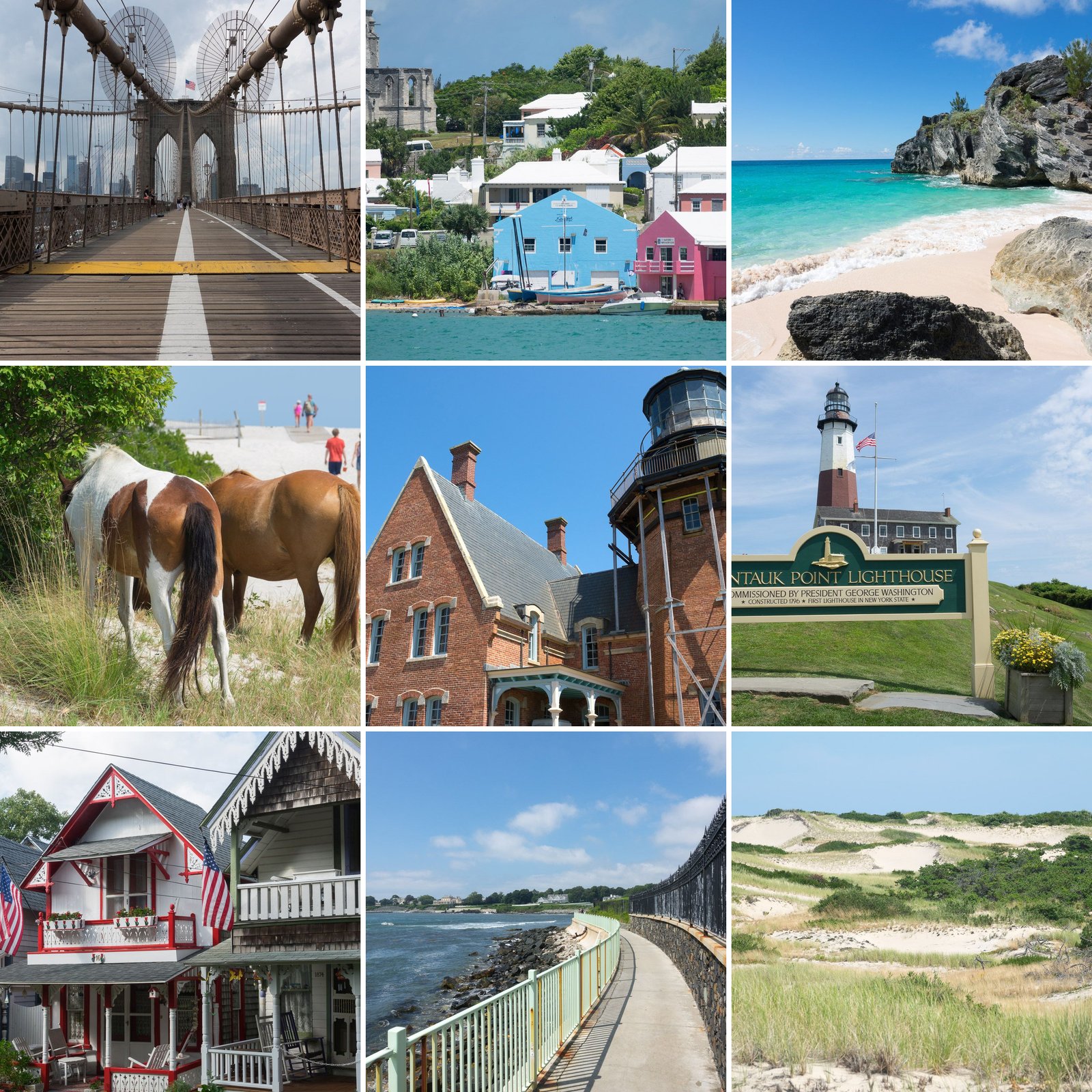 Collage der East Coast & More Tour: Brooklyn Bridge, bunte Häuser in St. George, Strand auf Bermuda, Wildpferde auf Assateague Island, Southeast Lighthouse auf Block Island, Montauk Point Lighthouse, Gingerbread Cottages auf Martha’s Vineyard, Cliff Walk in Newport und Dünen am Race Point auf Cape Cod