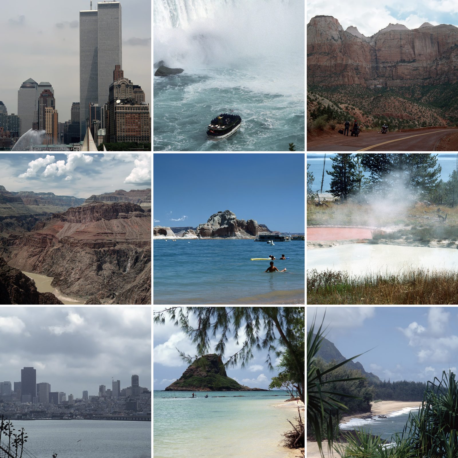 Collage der USA-Reise 1991: World Trade Center, Niagara Falls mit der Maid of the Mist, Zion NP, Grand Canyon, Lake Powell, heiße Quelle im Yellowstone NP, Skyline von San Francisco, Chinaman's Hat auf Oahu und Lumaha'i Beach auf Kaua'i