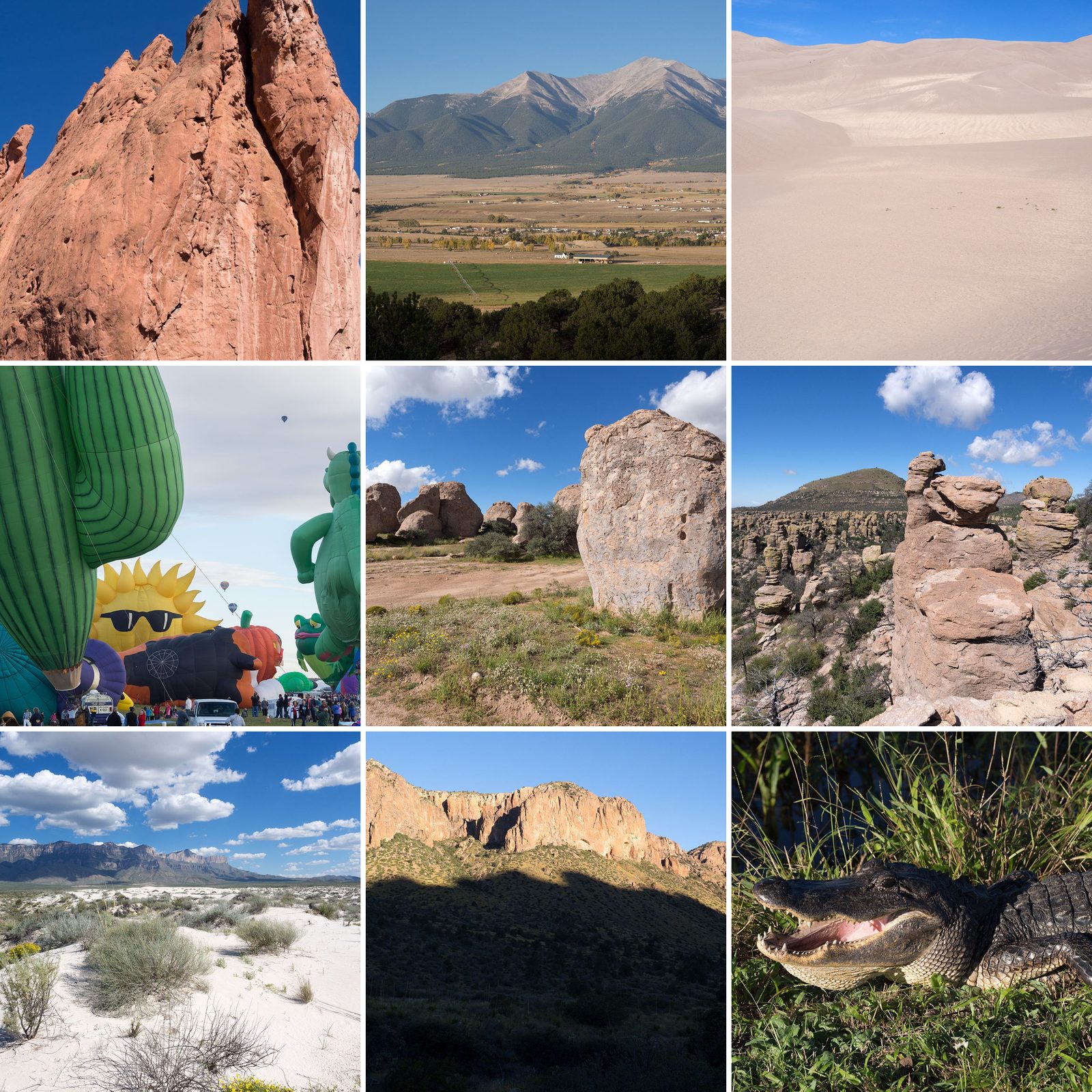 Collage der Reise durch Colorado, New Mexico und Texas: Garden of the Gods, Collegiate Peaks, Great Sand Dunes, Balloon Fiesta in Albuquerque, City of Rocks SP, Chiricahua NM, Salt Basin Dunes, Chisos Mountains im Big Bend NP und ein Alligator im Brazos Bend SP