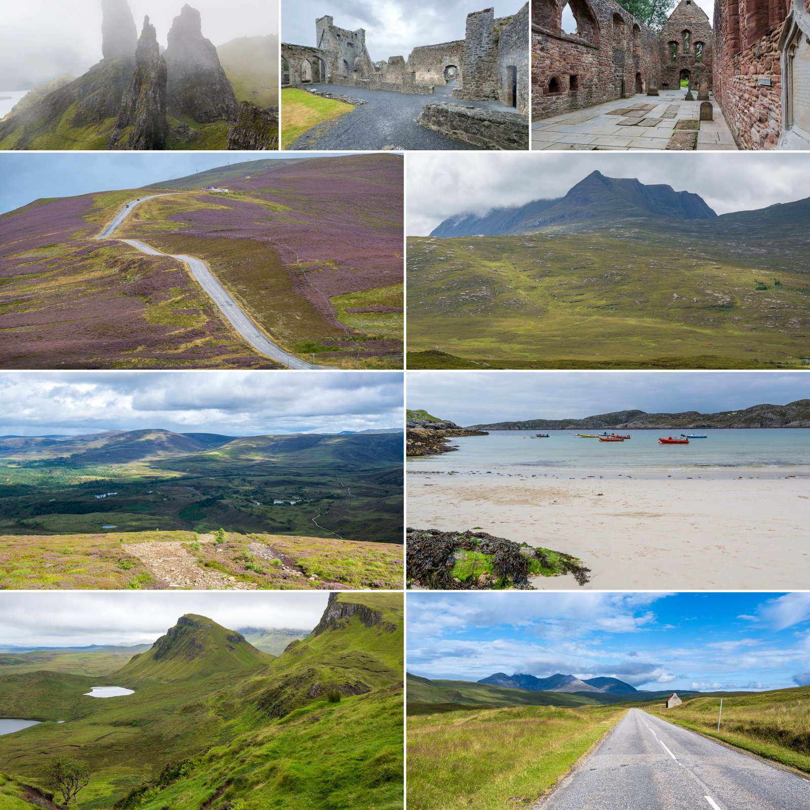 Collage der Schottland-Reise: Old Man of Storr im Nebel, Klosterruinen, Passstraße durch die Heide, Berge der Highlands, Blick über Skye, Strand mit Booten, Quiraing und einspurige Straße in den Highlands