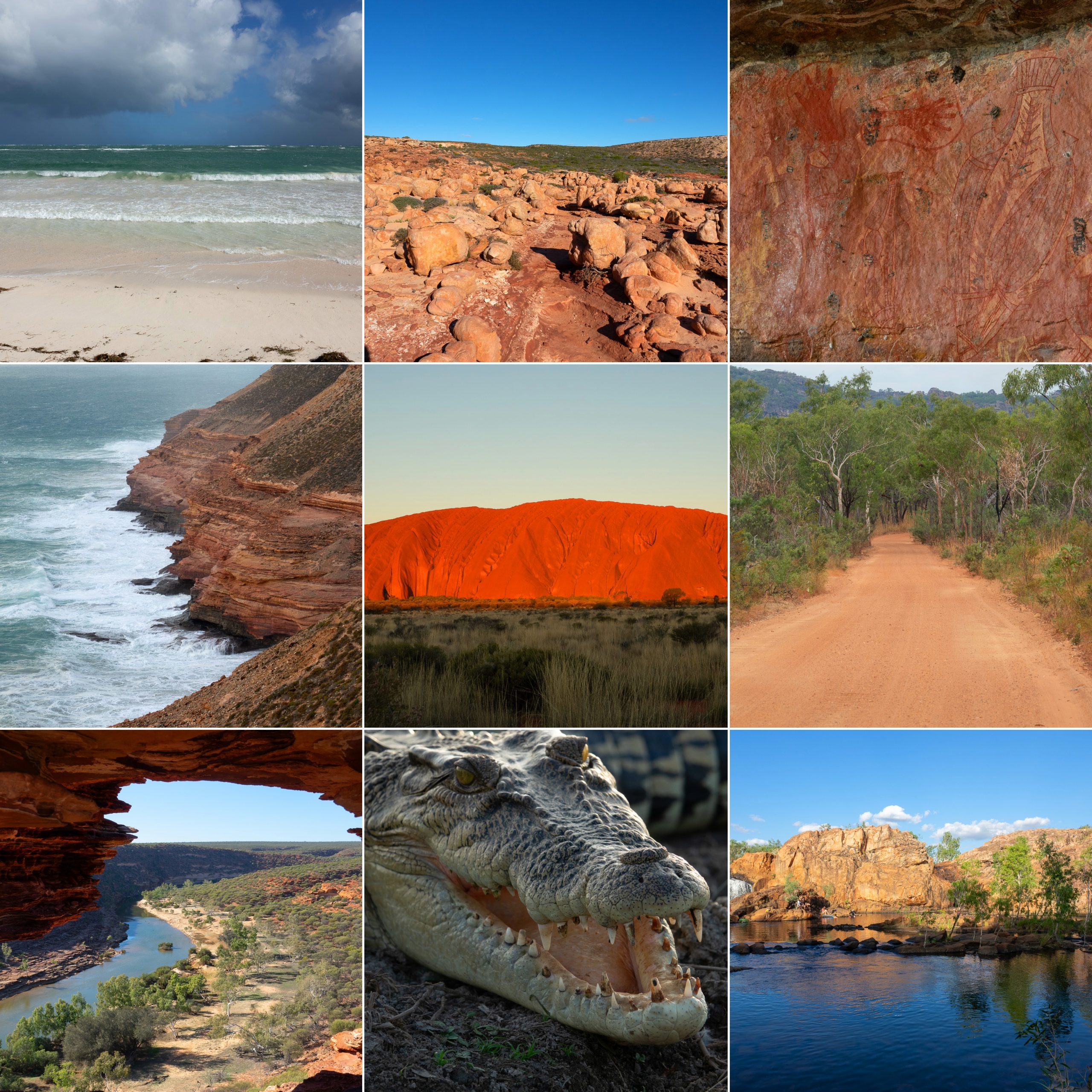 Collage der Australien-Reise: Strand unter Gewitterwolken, rote Felsbrocken an der Küste von Kalbarri, Aboriginal-Felskunst, Steilküste von Kalbarri, Uluru im Abendrot, Piste durchs Buschland, Nature's Window über dem Murchison River, Salzwasserkrokodil und Wasserloch vor Felsen im Top End