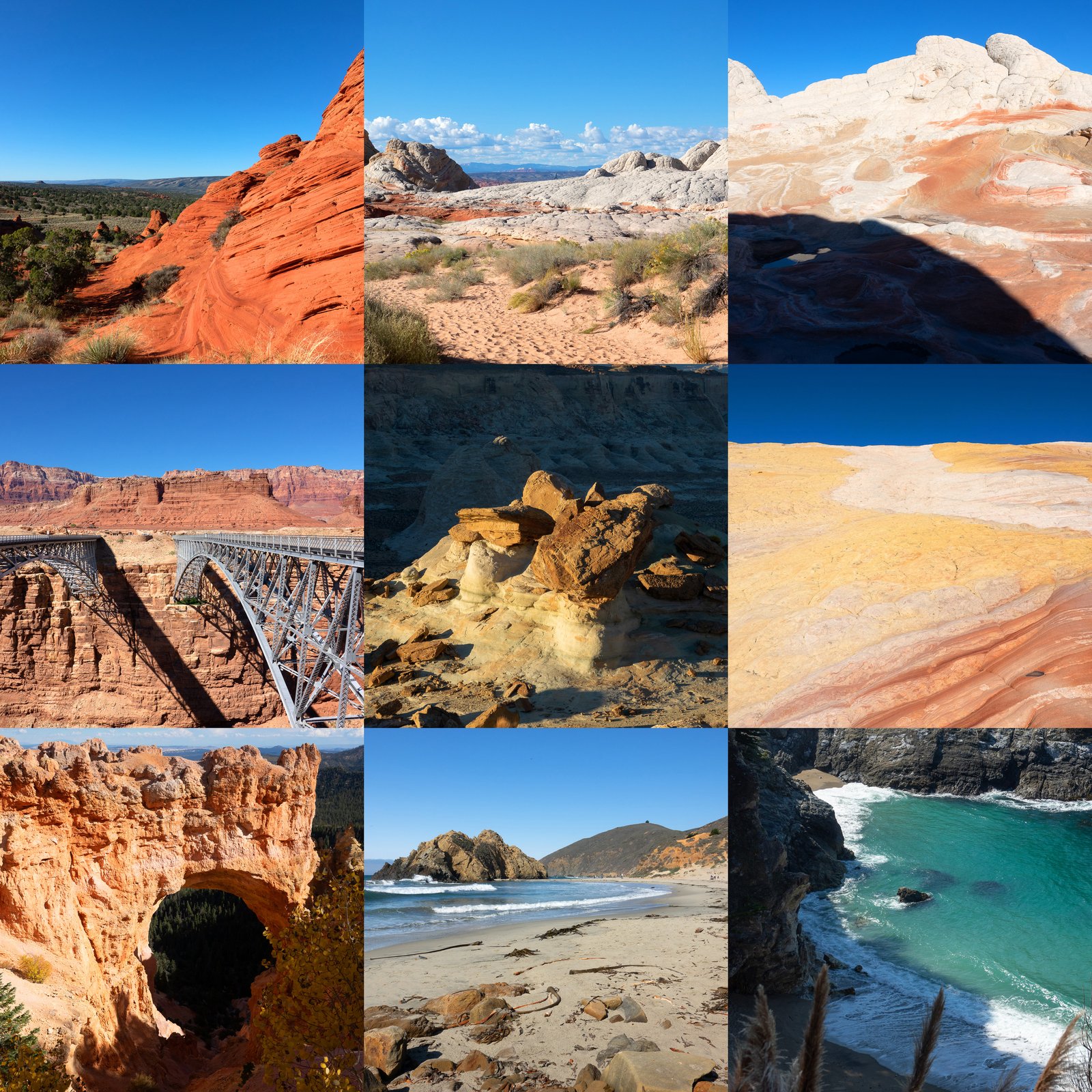 Collage der High Desert Tour: rote Sandsteinfelsen bei Paw Hole, White Pocket mit weiß-roten Felsschichten, Navajo Bridge über den Marble Canyon, Hoodoos am Stud Horse Point, Yellow Rock, Natural Bridge im Bryce Canyon, Pfeiffer Beach und die Bucht der McWay Falls in Big Sur