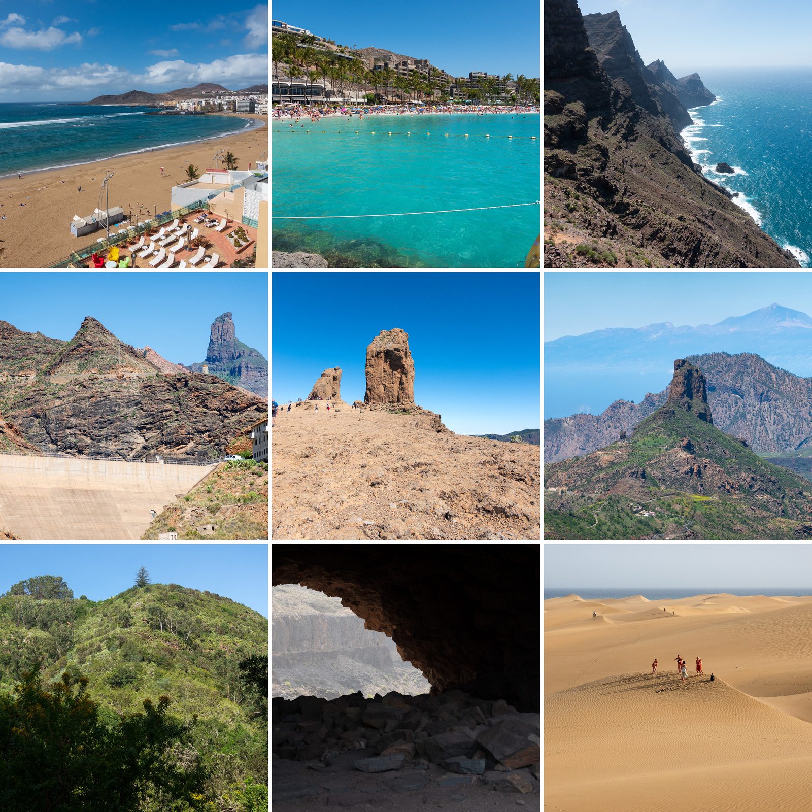 Collage der Reise nach Gran Canaria: Playa de Las Canteras, Anfi del Mar, Westküste vom Mirador del Balcón, Staumauer an der GC-210, Roque Nublo, Blick über den Roque Bentayga zum Teide, Los Tilos de Moya, Höhle der Fortaleza und die Dünen von Maspalomas