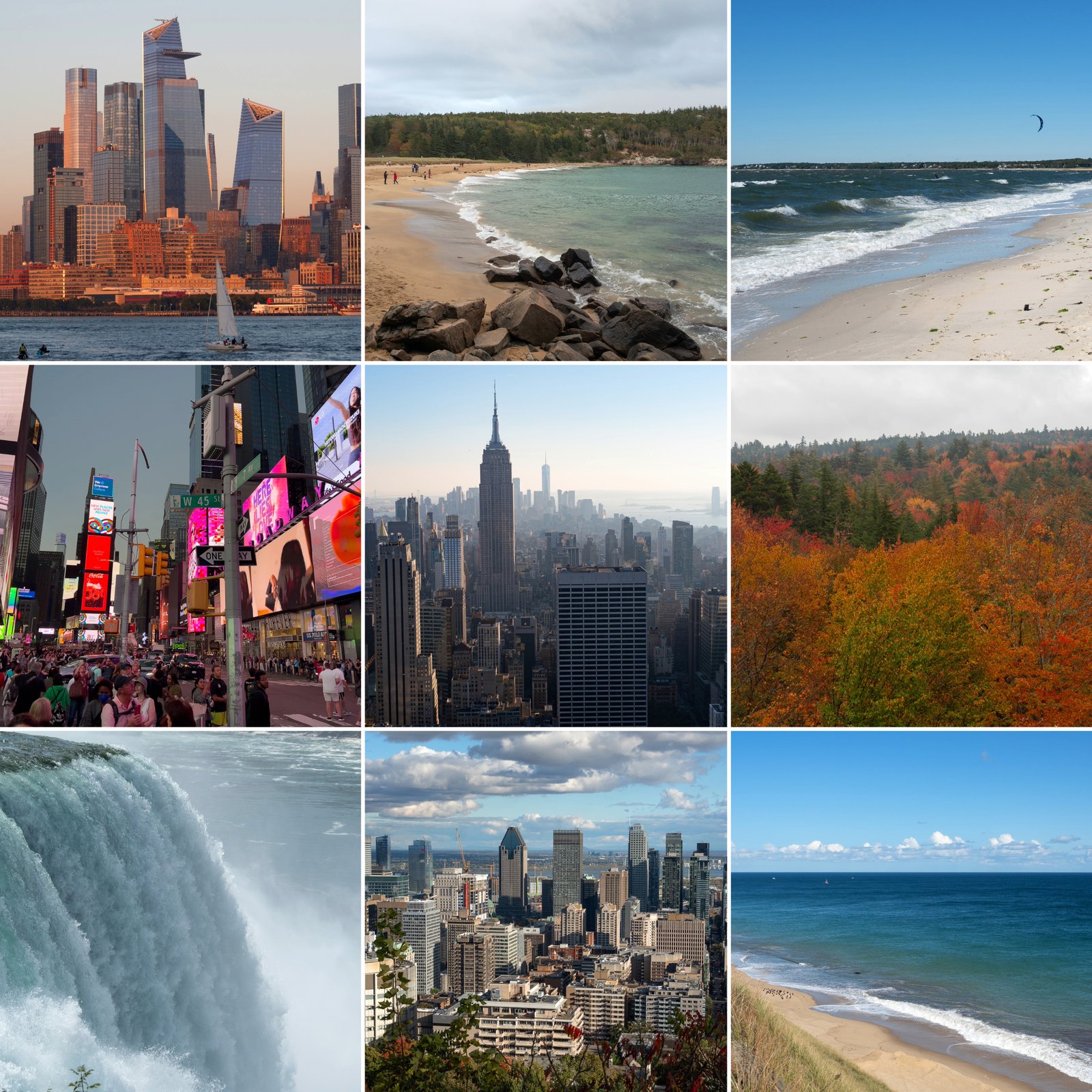 Collage der Indian Summer Tour: Skyline von Manhattan mit Hudson Yards, Sand Beach im Acadia National Park, Strand auf Cape Cod mit Kitesurfer, Times Square, Empire State Building von oben, herbstlich gefärbte Wälder, die Niagarafälle, Blick vom Mont Royal auf Montréal und die Steilküste von Cape Cod