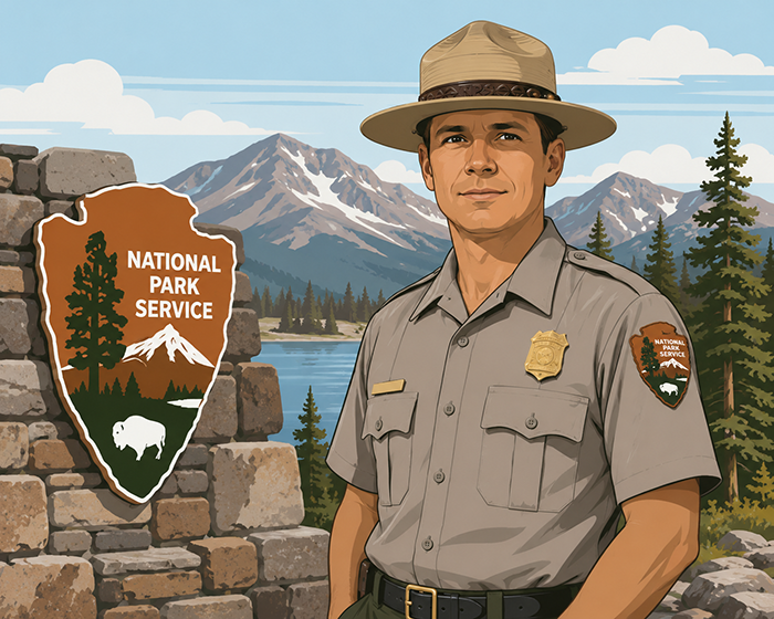 Park Ranger vor Bergpanorama mit NPS-Arrowhead-Logo