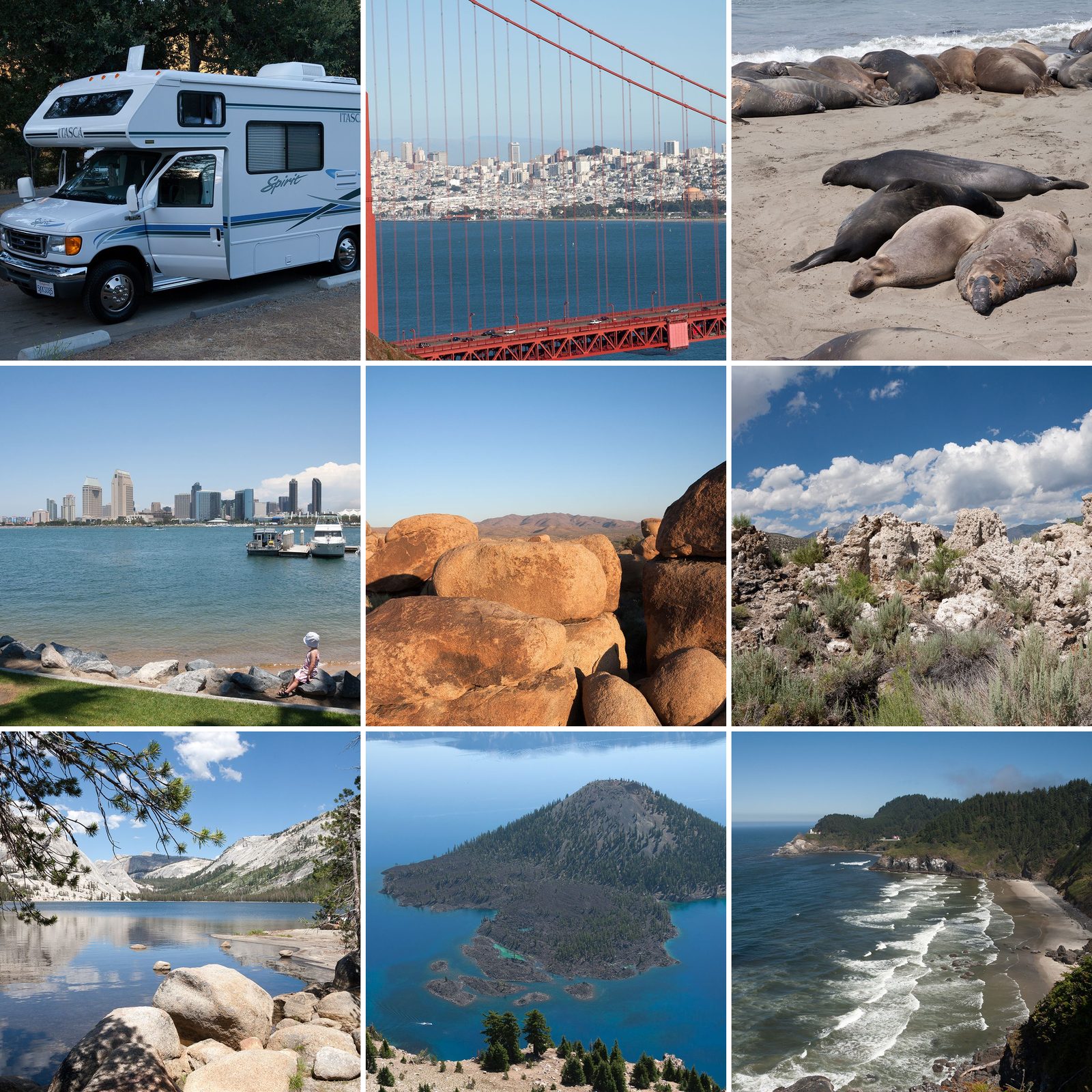 Collage der Wohnmobilreise 2005: unser Wohnmobil, Golden Gate Bridge, See-Elefanten bei Piedras Blancas, Skyline von San Diego, Felsen im Joshua Tree NP, Tuffsteine am Mono Lake, Tenaya Lake im Yosemite NP, Crater Lake mit Wizard Island und die Oregon-Küste bei Heceta Head