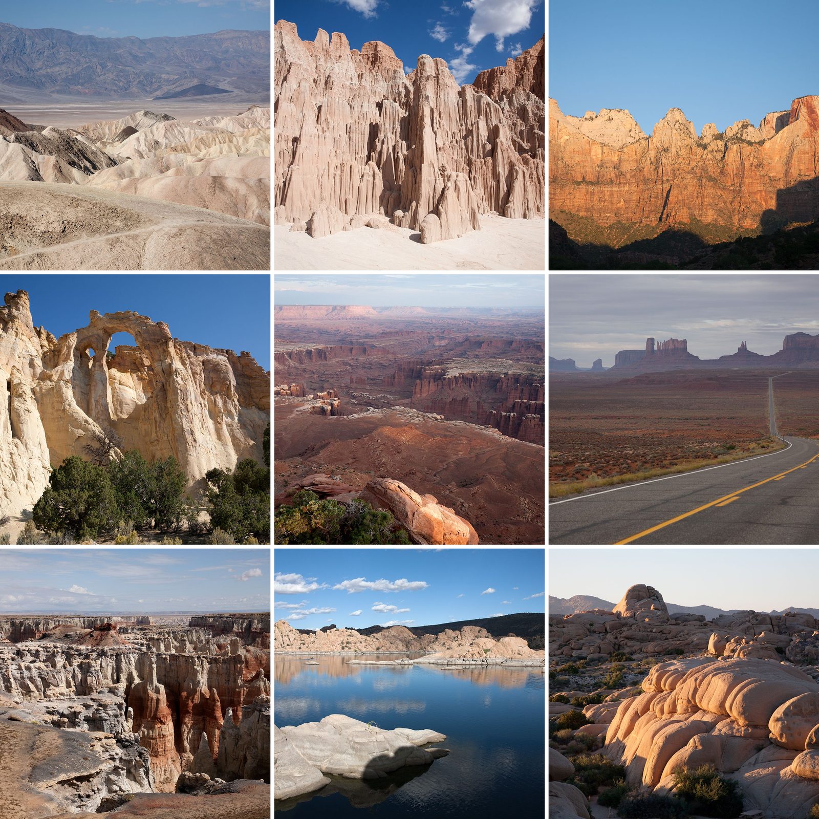 Collage der Rundreise 2008: Zabriskie Point im Death Valley, Cathedral Gorge, Towers of the Virgin im Zion NP, Grosvenor Arch, Grand View Point im Canyonlands NP, Monument Valley, Coal Mine Canyon, Watson Lake und Jumbo Rocks im Joshua Tree NP