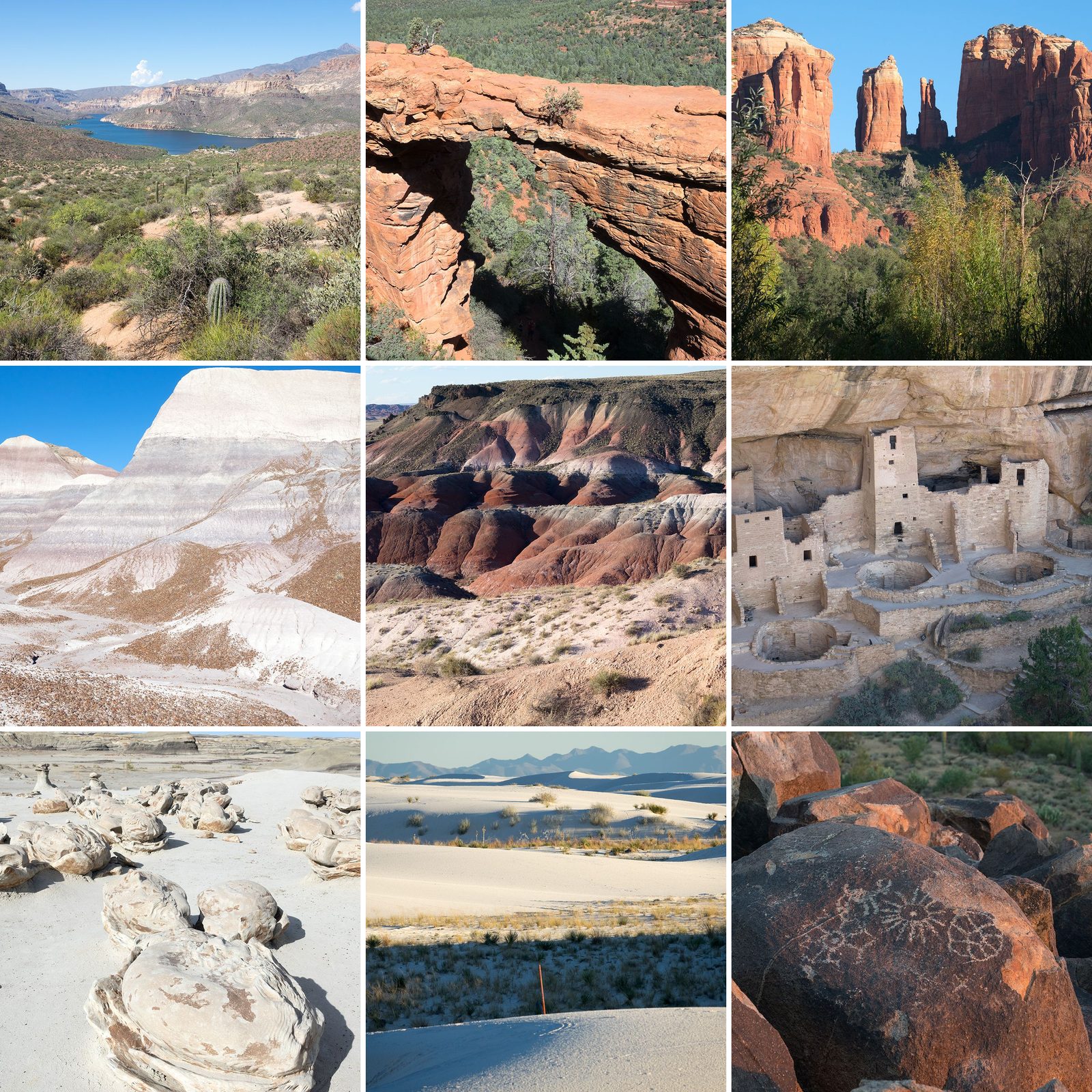 Collage der Rundreise 2016: Apache Lake am Apache Trail, Devil's Bridge bei Sedona, Cathedral Rock, Blue Mesa und Painted Desert im Petrified Forest NP, Cliff Palace im Mesa Verde NP, Cracked Eggs in den Bisti Badlands, White Sands und Petroglyphen am Signal Hill