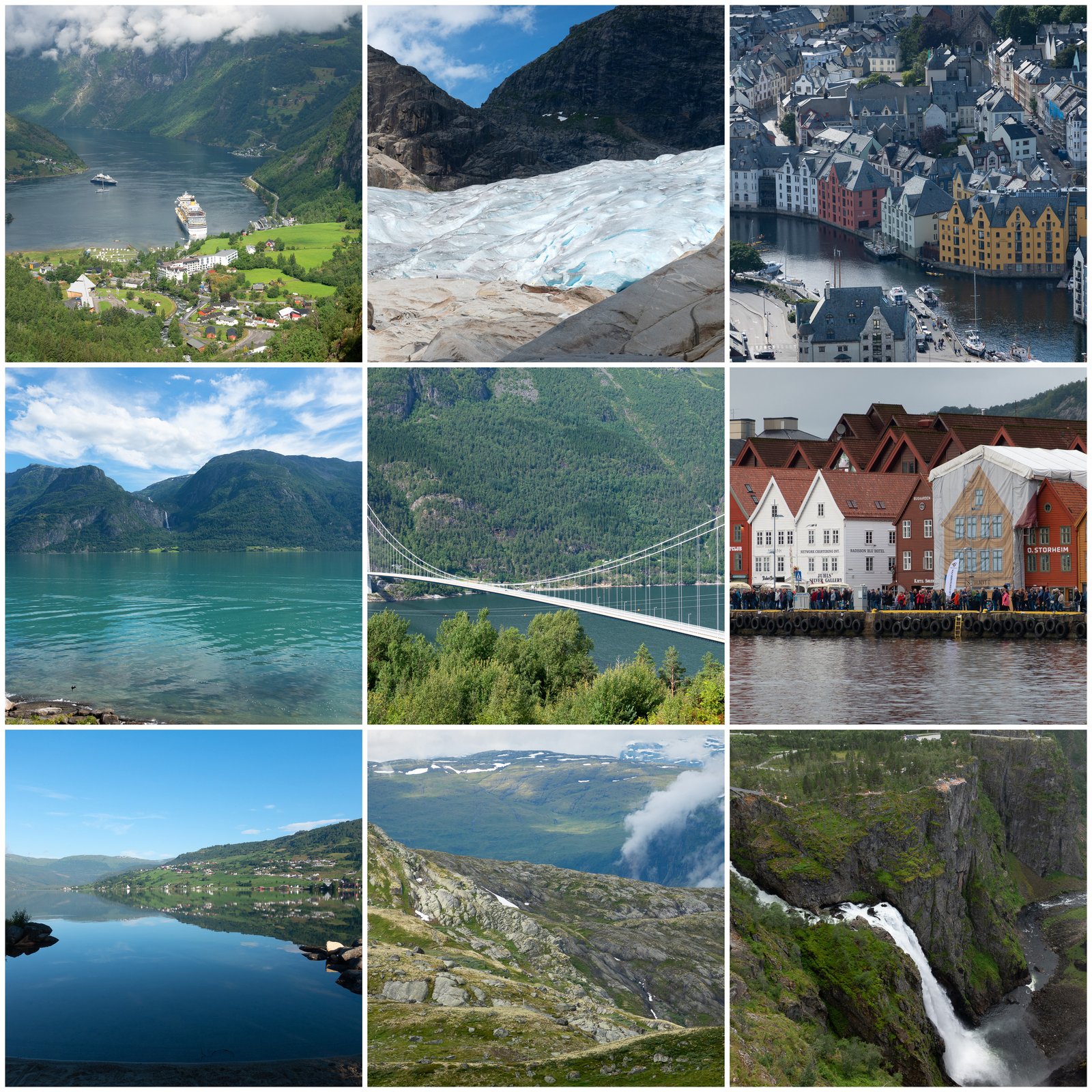 Collage der Norwegen-Reise: Geirangerfjord von oben, Gletscherzunge des Nigardsbreen, Ålesund vom Aksla, türkiser Lustrafjord, Hardangerbrua, Bryggen in Bergen, Spiegelung im Hafslovatnet, Fjelllandschaft am Sognefjellet und der Vøringsfossen