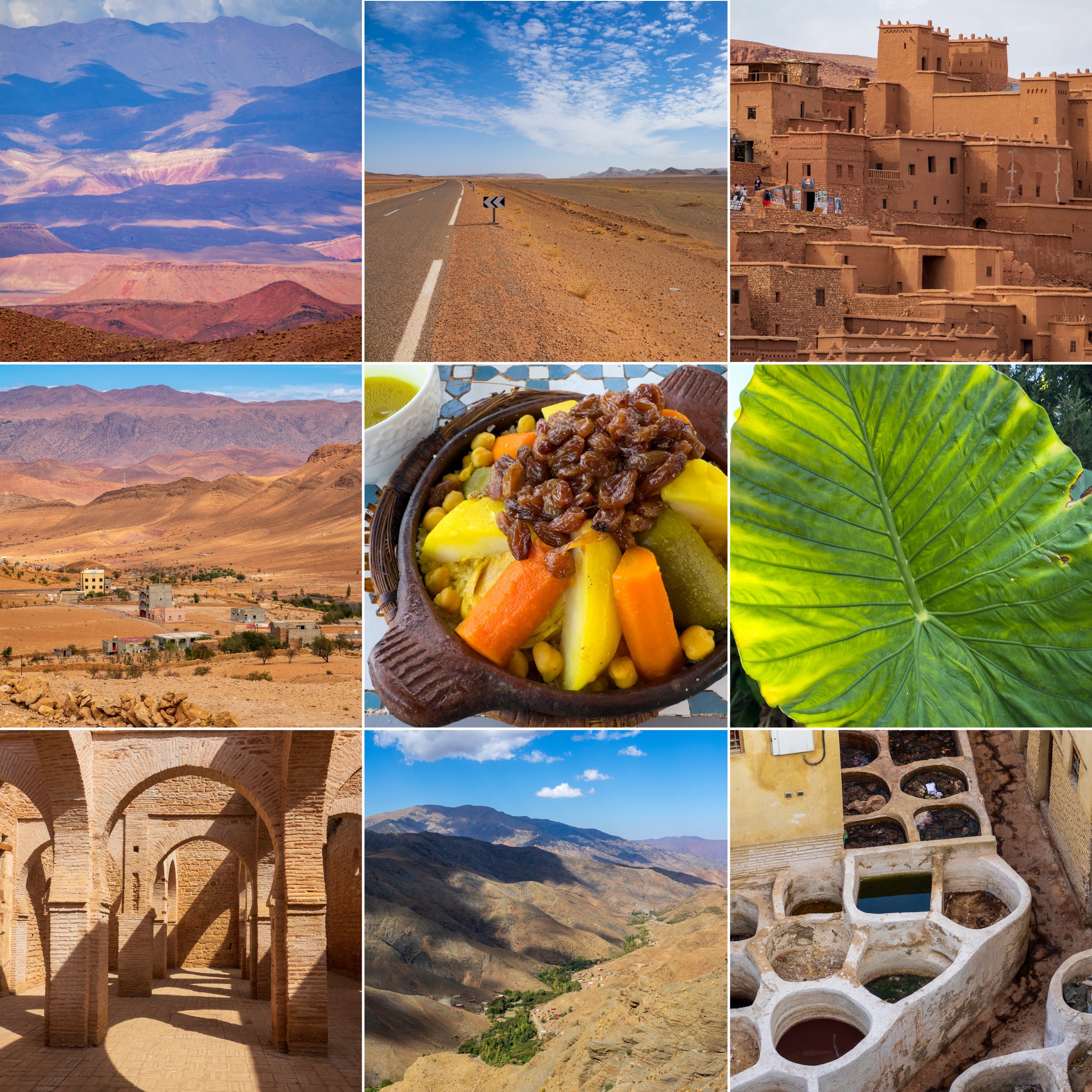 Collage der Marokko-Reise: Berglandschaft, Wüstenstraße, Lehm-Kasbah, Berberdorf vor Bergkulisse, Couscous mit Gemüse und Rosinen, großes Blatt, Bogengang einer Moschee-Ruine, Tal im Atlas-Gebirge und die Gerberbecken von Fès