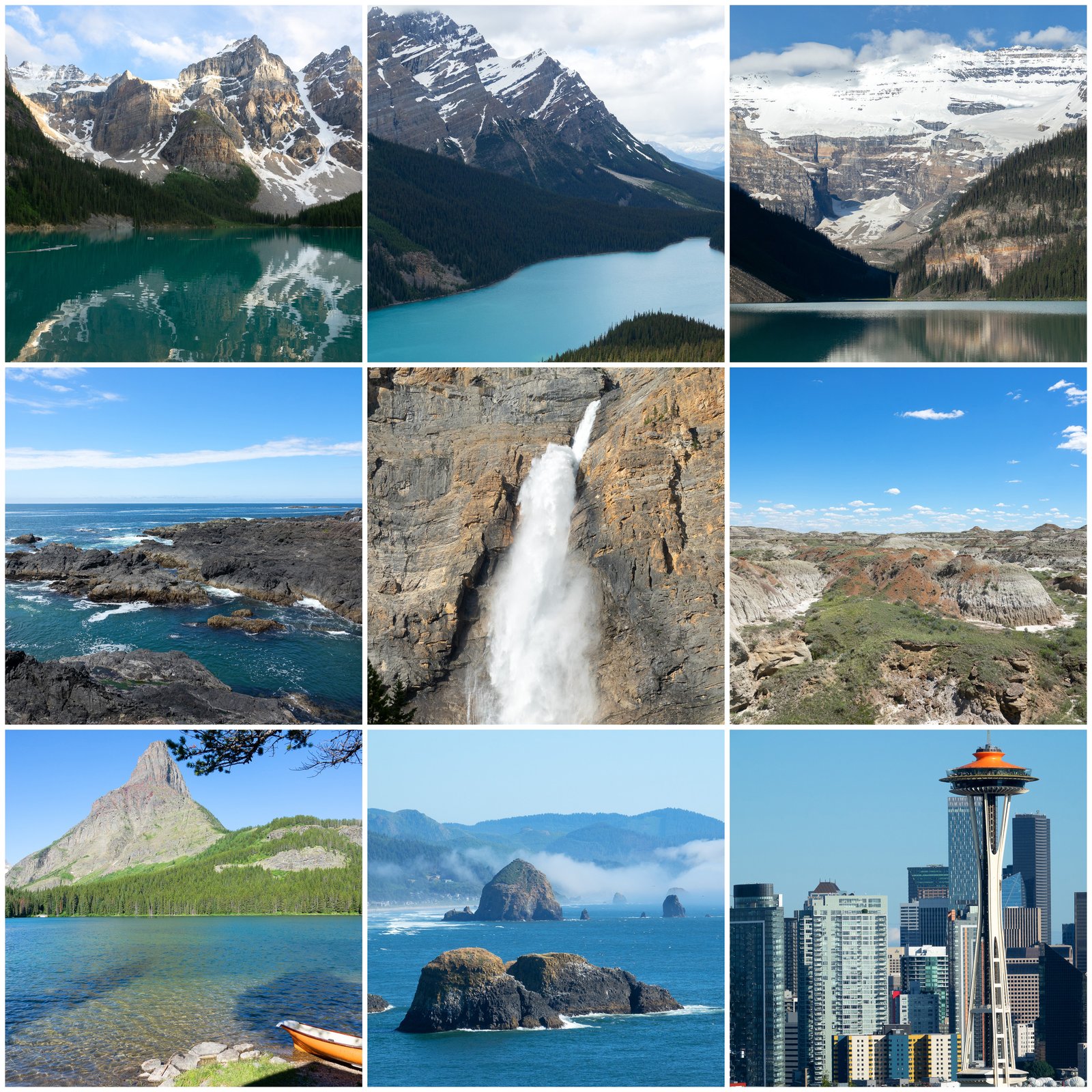 Collage der Pacific & Rockies Tour: Moraine Lake, Peyto Lake, Lake Louise mit Victoria Glacier, Felsküste am Wild Pacific Trail bei Ucluelet, Takakkaw Falls, Badlands im Dinosaur Provincial Park, Swiftcurrent Lake im Glacier National Park, Felsen an der Oregon-Küste und die Space Needle in Seattle