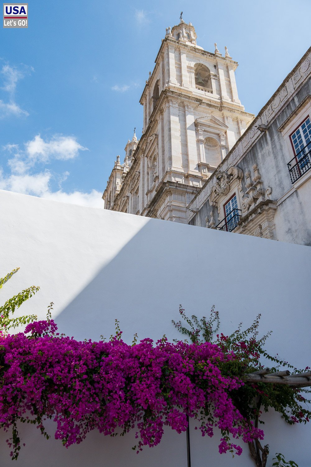 Turm von São Vicente de Fora über blühender Bougainvillea