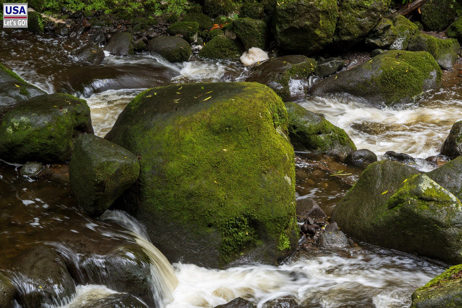 Stromschnellen zwischen bemoosten Felsbrocken