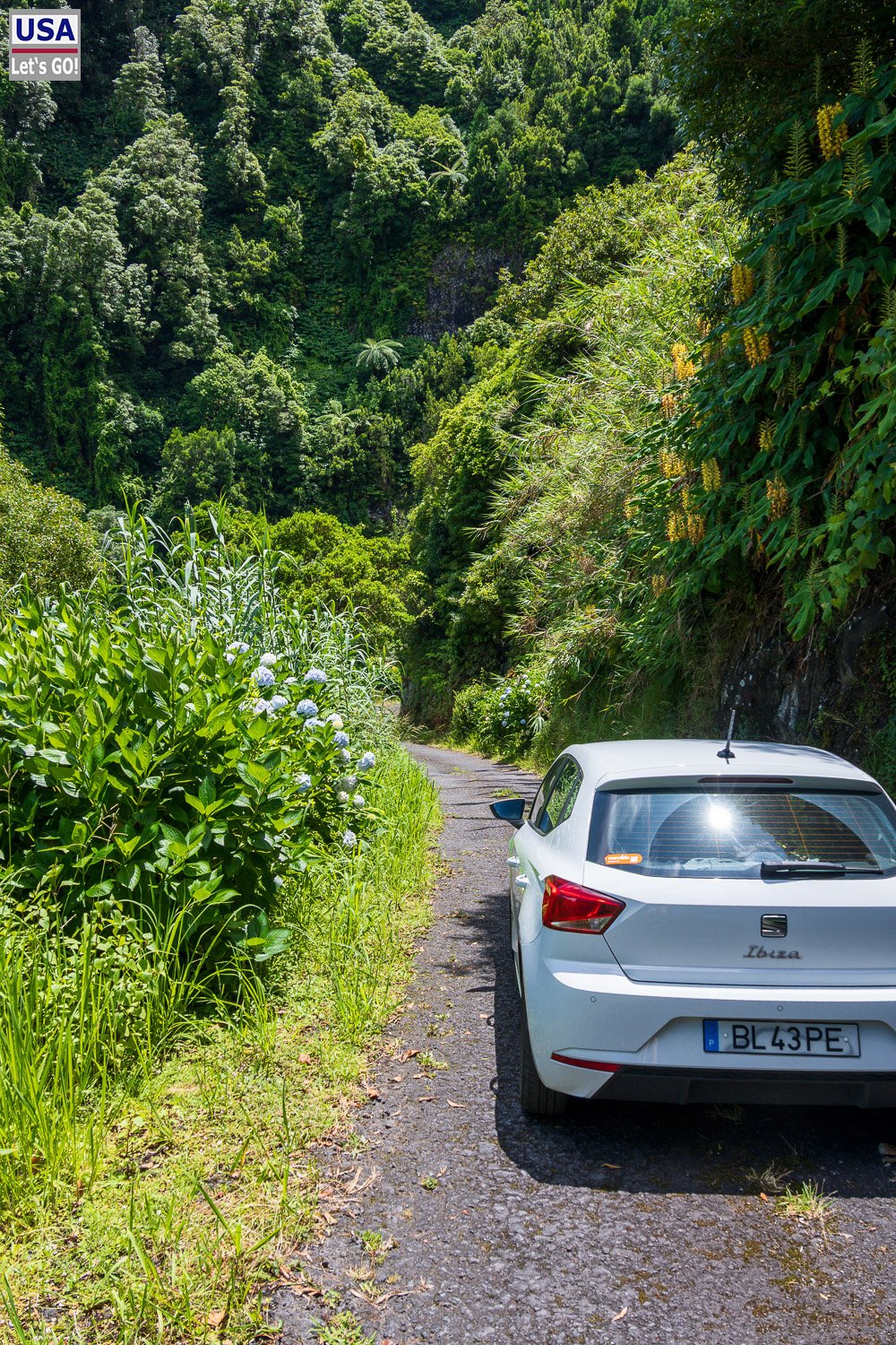 Mietwagen auf der steilen, schmalen Straße zur Praia do Lombo Gordo