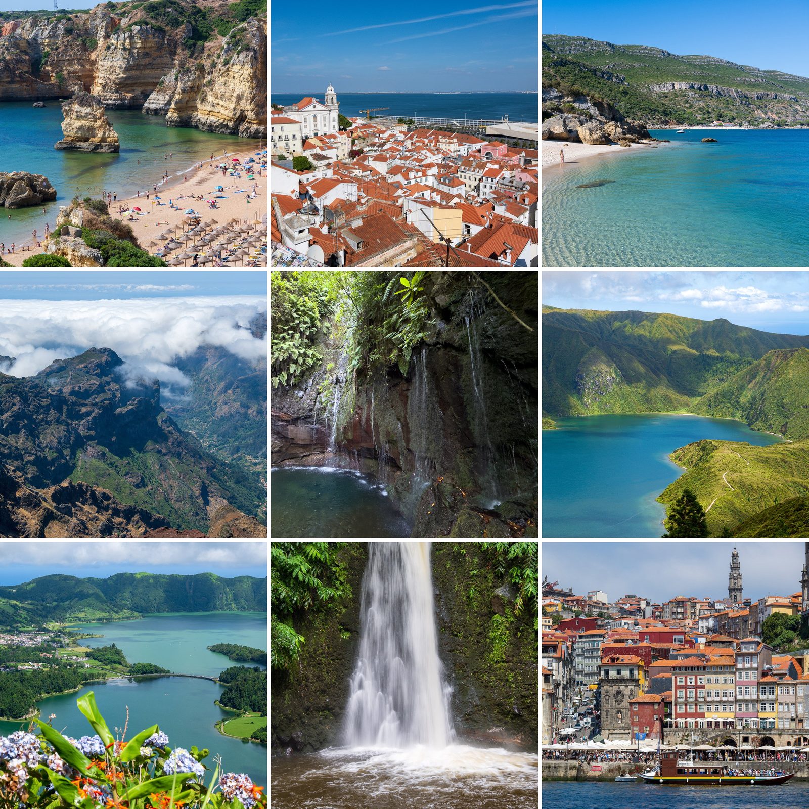 Collage der Portugal-Reise 2026: Praia de Dona Ana, Alfama und Tejo in Lissabon, Praia de Galapinhos, Pico Ruivo und Levada das 25 Fontes auf Madeira, Lagoa do Fogo, Sete Cidades und Salto do Prego auf São Miguel sowie die Ribeira in Porto