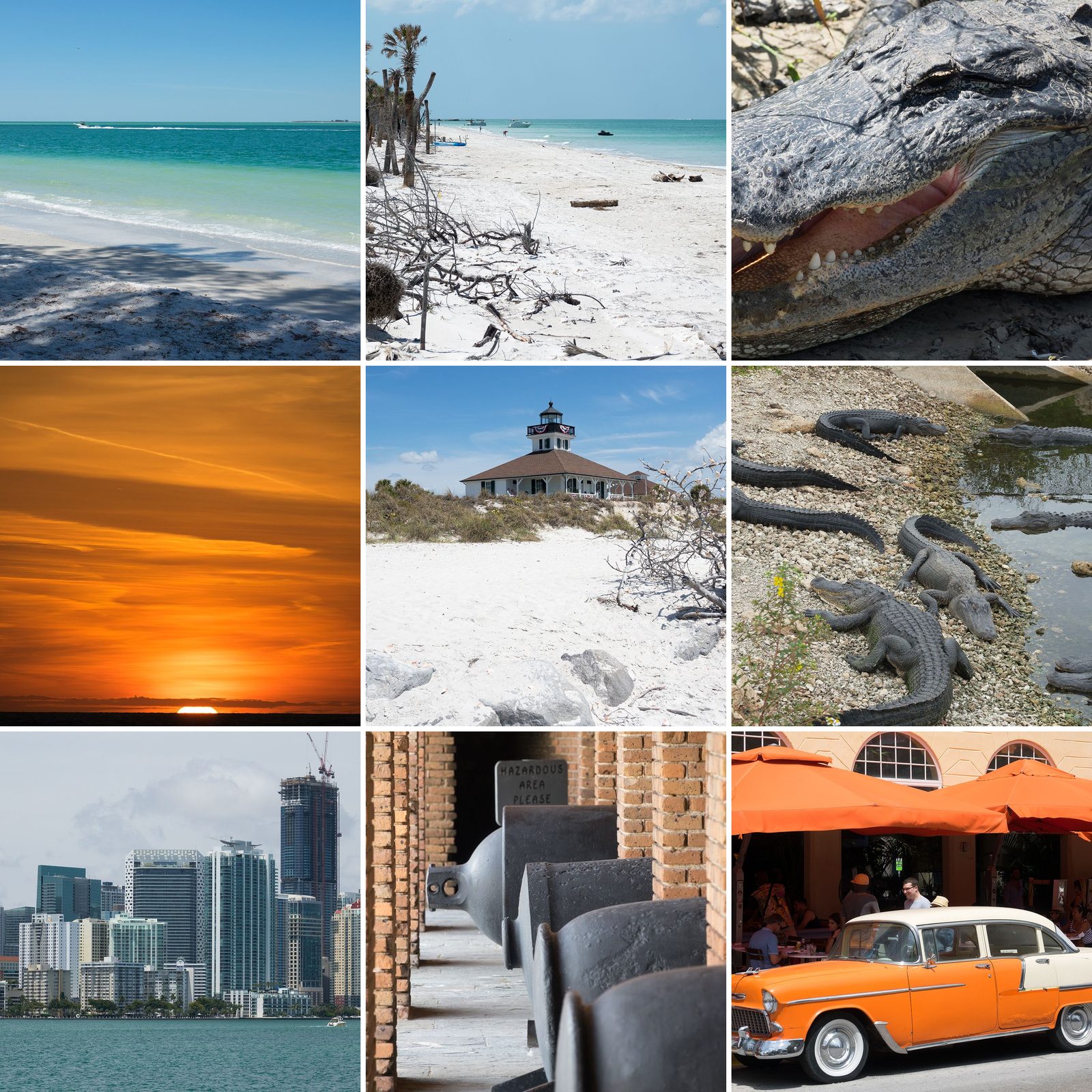 Collage der Reise 2017: Strand auf Anna Maria Island, Weststrand von Egmont Key, Alligator im Myakka River State Park, Sonnenuntergang auf Anna Maria Island, Boca Grande Lighthouse, Alligatoren am Oasis Visitor Center, Skyline von Miami, Gewölbe im Fort Zachary Taylor in Key West und Oldtimer am Ocean Drive in Miami Beach