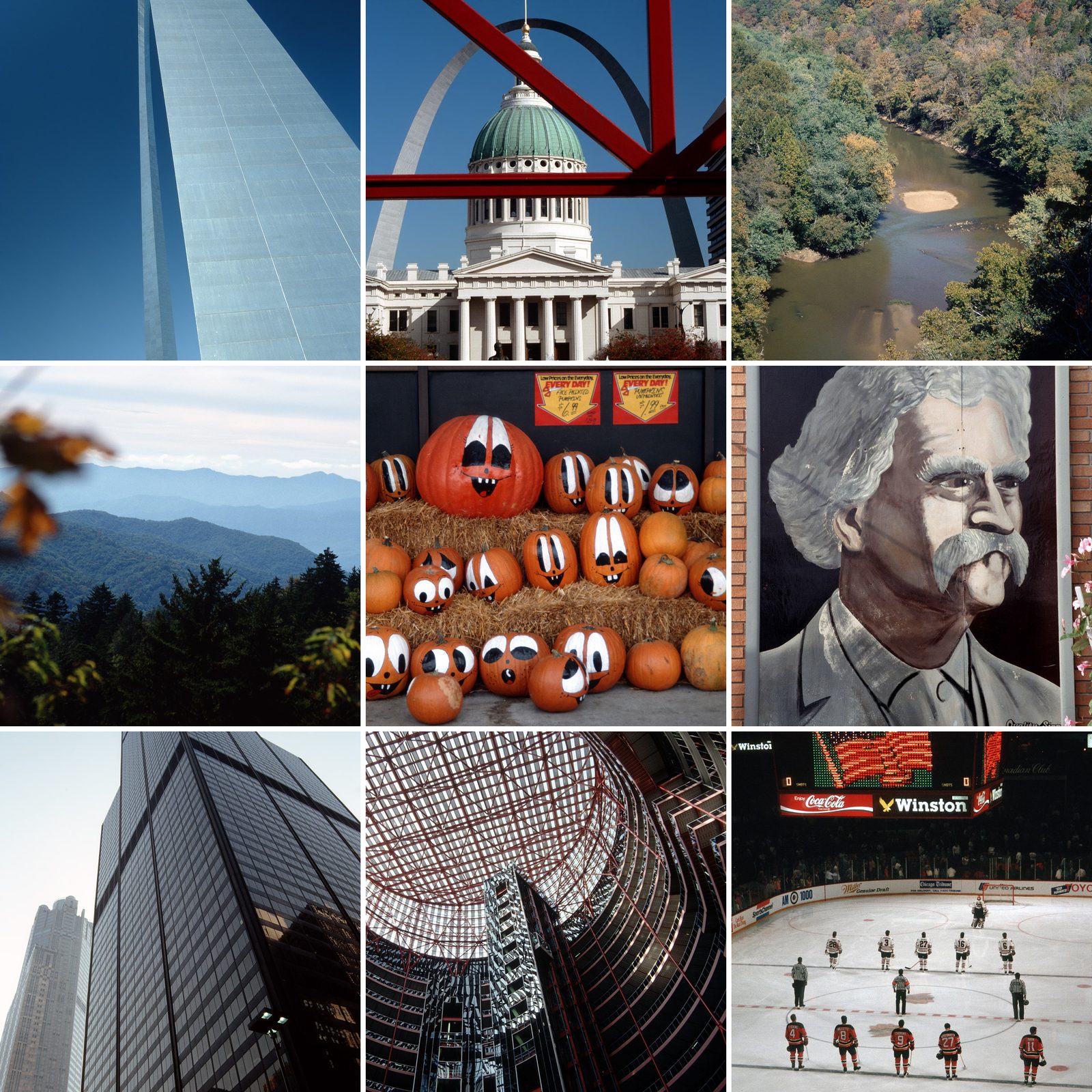 Collage der Reise 1992: Gateway Arch, Old Courthouse in St. Louis, Green River im Mammoth Cave NP, Great Smoky Mountains, Halloween-Kürbisse, Mark-Twain-Porträt in Hannibal, Sears Tower, Atrium des State of Illinois Center und Eishockey im Chicago Stadium
