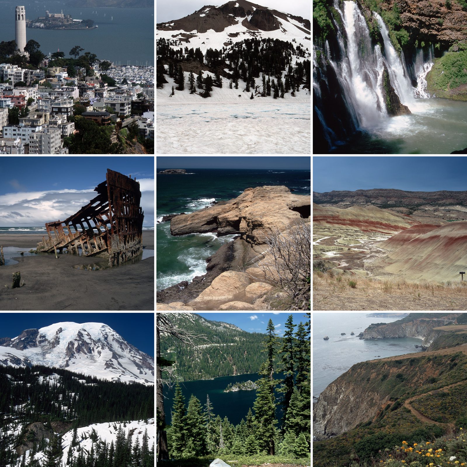 Collage der Reise 1999: Coit Tower und Alcatraz, verschneiter Lassen Volcanic NP, McArthur-Burney Falls, Wrack der Peter Iredale, Felsküste in Oregon, Painted Hills, Mount Rainier, Emerald Bay am Lake Tahoe und die Küste am Highway 1