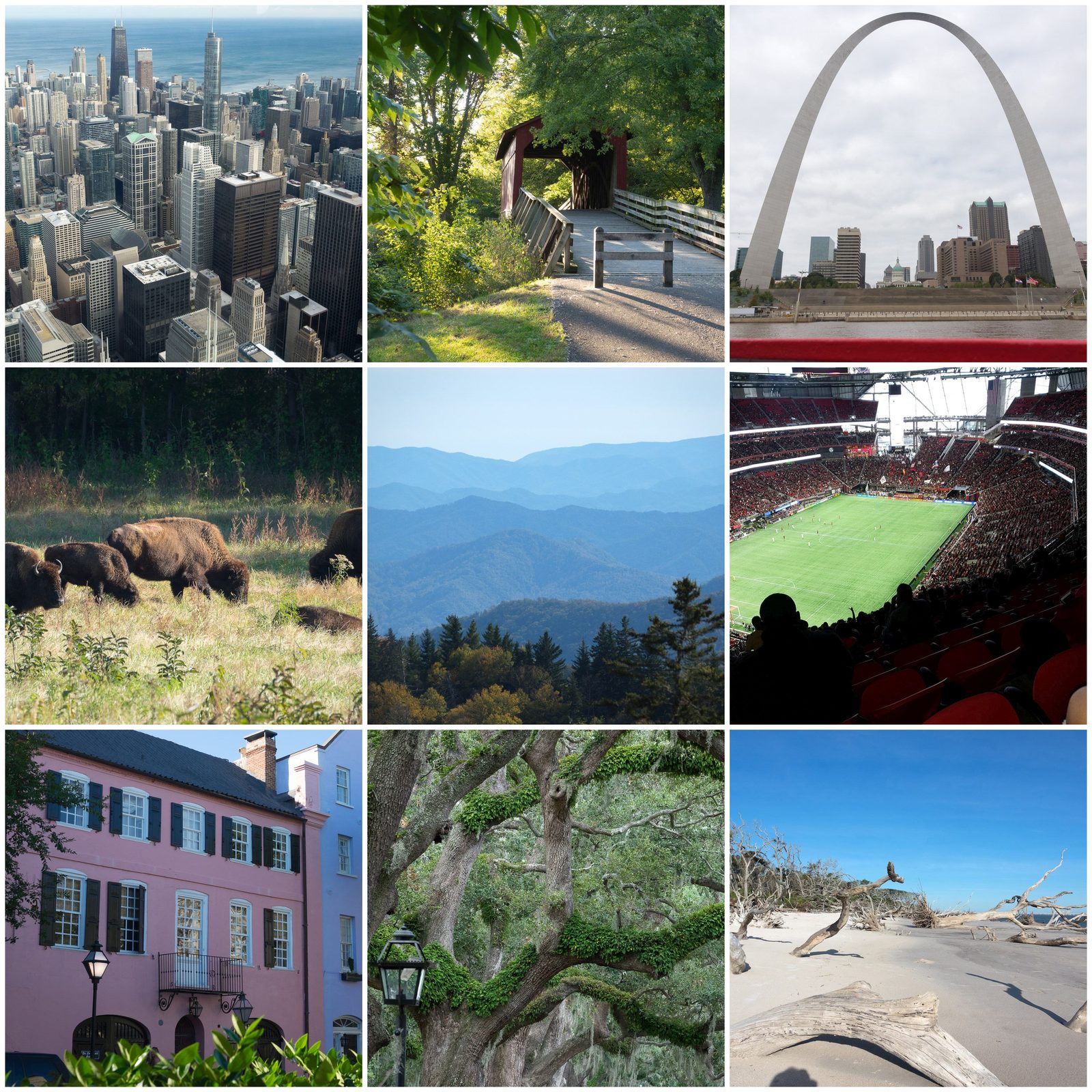 Collage der Southeast Reloaded Tour: Chicago vom Willis Tower, Sugar Creek Covered Bridge, Gateway Arch in St. Louis, Bisons in der Elk & Bison Prairie, Bergketten der Great Smoky Mountains, Mercedes-Benz Stadium in Atlanta, Rainbow Row in Charleston, Virginia-Eichen in Savannah und Treibholz am Boneyard Beach auf Big Talbot Island