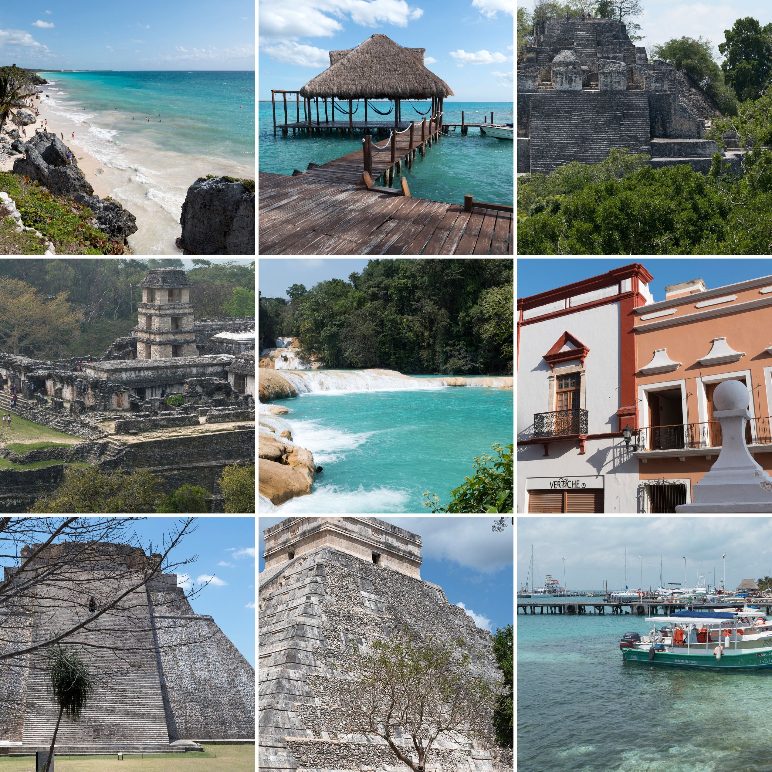 Collage der Mexiko-Reise mit Tulum, Bacalar, Calakmul, Palenque, Agua Azul, Campeche, Uxmal, Chichén Itzá und Isla Mujeres