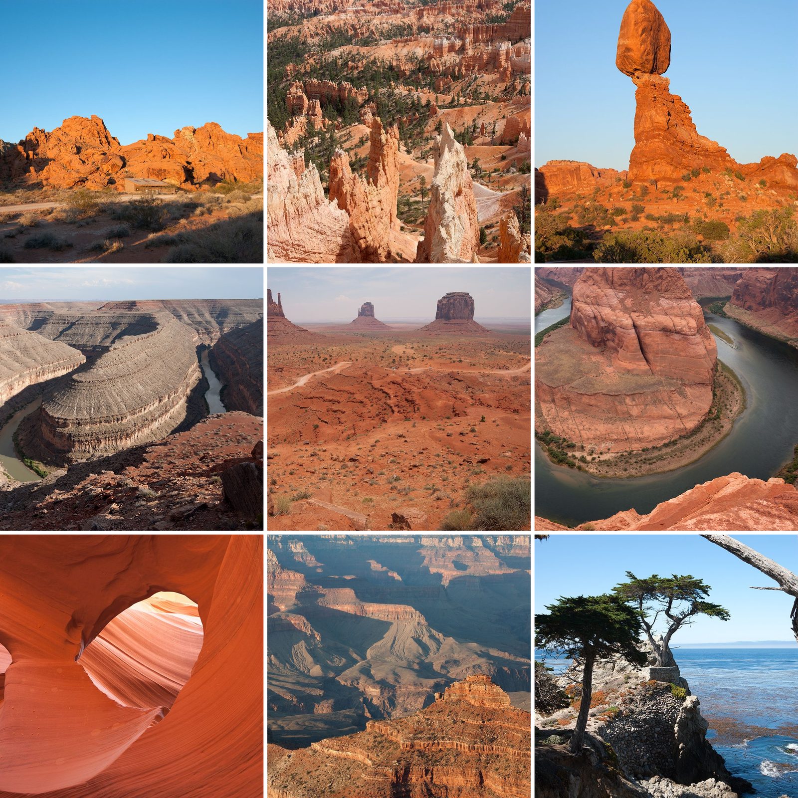 Collage der Reise 2007: Valley of Fire, Hoodoos im Bryce Canyon, Balanced Rock, Goosenecks des San Juan River, Monument Valley, Horseshoe Bend, Lower Antelope Canyon, Grand Canyon und die Lone Cypress am 17-Mile Drive