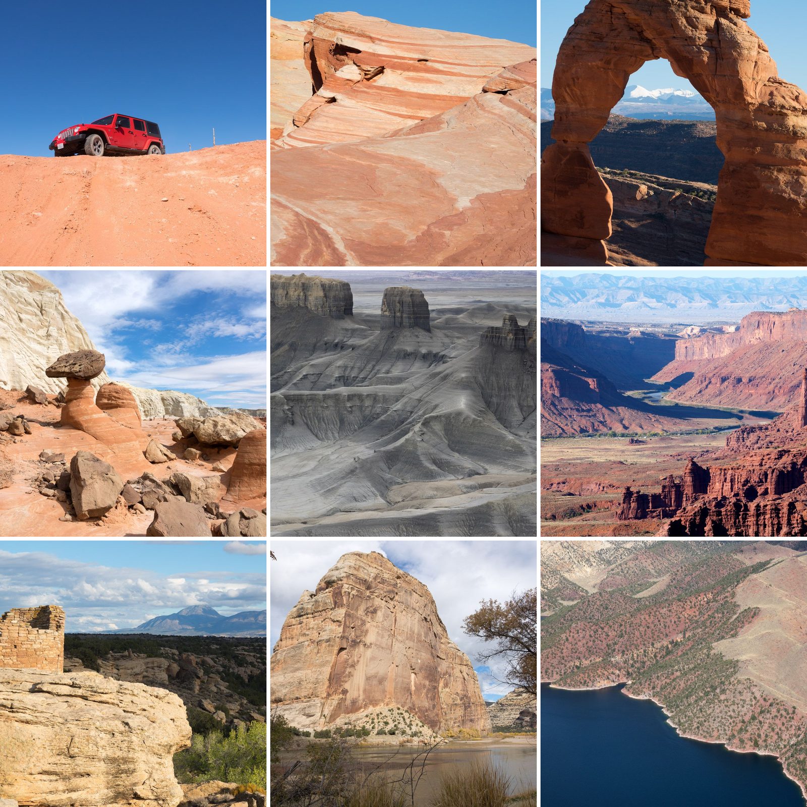 Collage der Spielmobil Tour: roter Jeep Wrangler bei Little Finland, Fire Wave, Delicate Arch, Toadstool Hoodoos, Moonscape Overlook, Blick von den Fisher Towers, Hovenweep, Steamboat Rock und Flaming Gorge