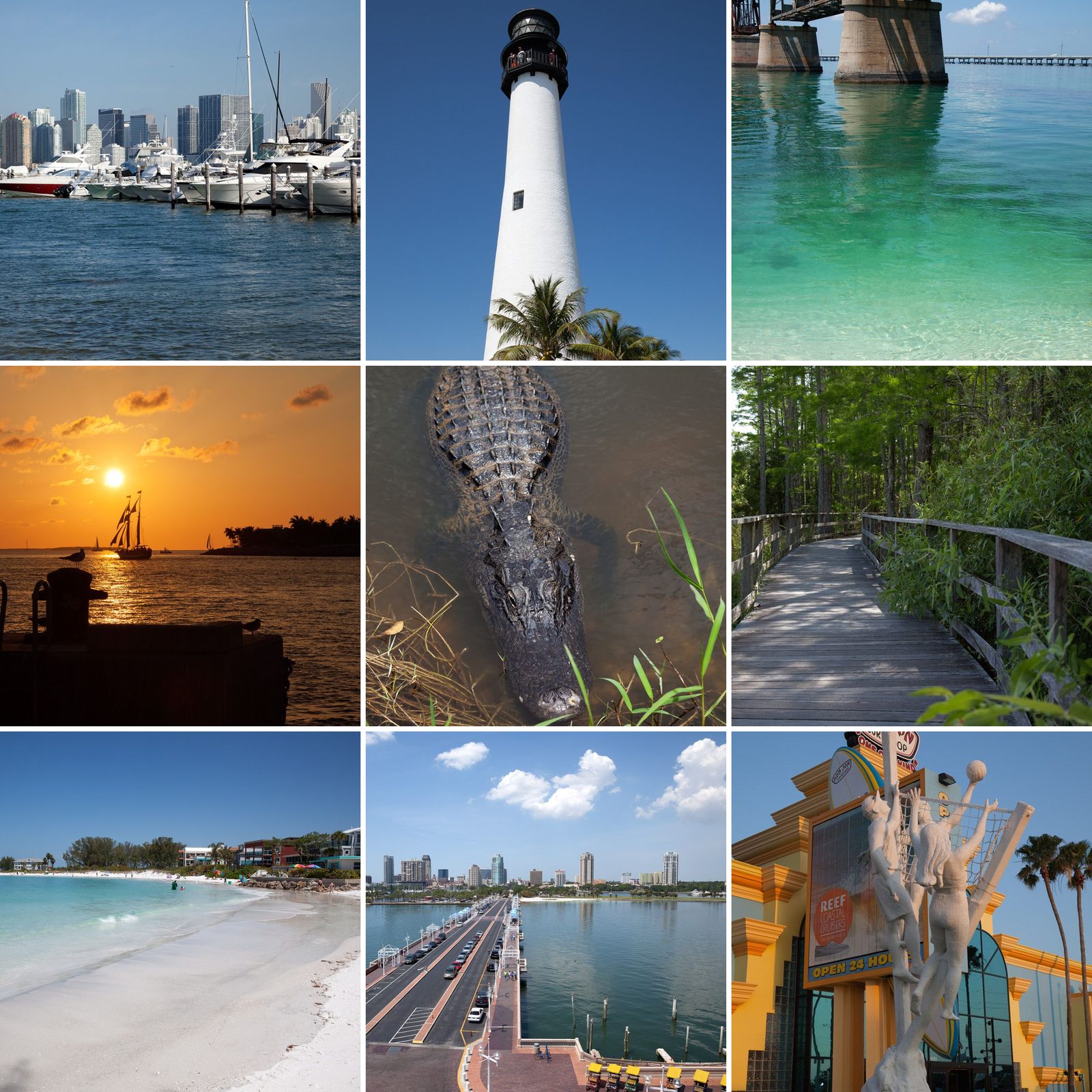 Collage der Reise 2012: Skyline von Miami, Cape Florida Light, alte Bahia-Honda-Brücke, Sonnenuntergang in Key West, Alligator in Shark Valley, Boardwalk im Corkscrew Swamp, Anna Maria Island, Blick von The Pier auf St. Petersburg und der Ron Jon Surf Shop in Cocoa Beach