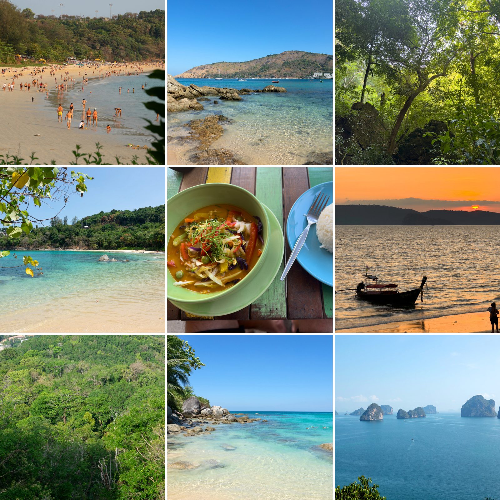 Collage der Thai Curry Tour: Strände auf Phuket und in Khao Lak, Regenwald, ein Thai-Curry, Longtail-Boot im Sonnenuntergang und die Inselwelt vor Krabi