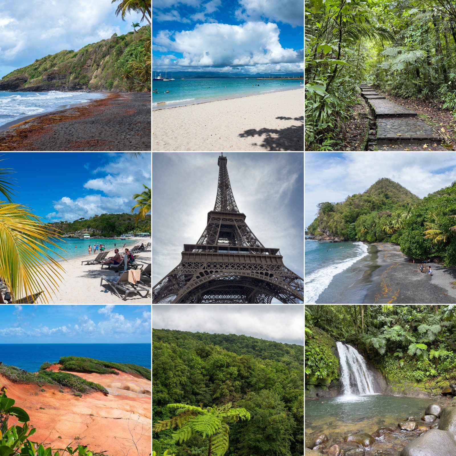 Collage der Reise 2025: Strände, Regenwald und Wasserfälle auf Guadeloupe, Dominica und Martinique, die Red Rocks auf Dominica, die Anse Couleuvre auf Martinique und der Eiffelturm in Paris